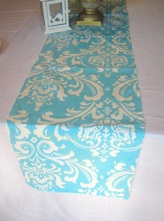 Aqua Turquoise Damask Table Runner cotton 72 by WestofChelsea