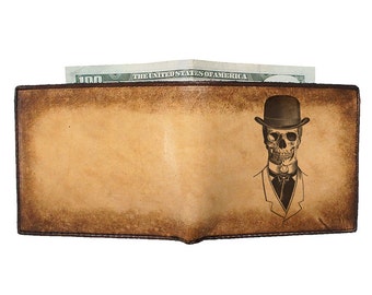 Custom Leather Wallet - Mens Wallet - Bifold Wallet - Top Hat Skull