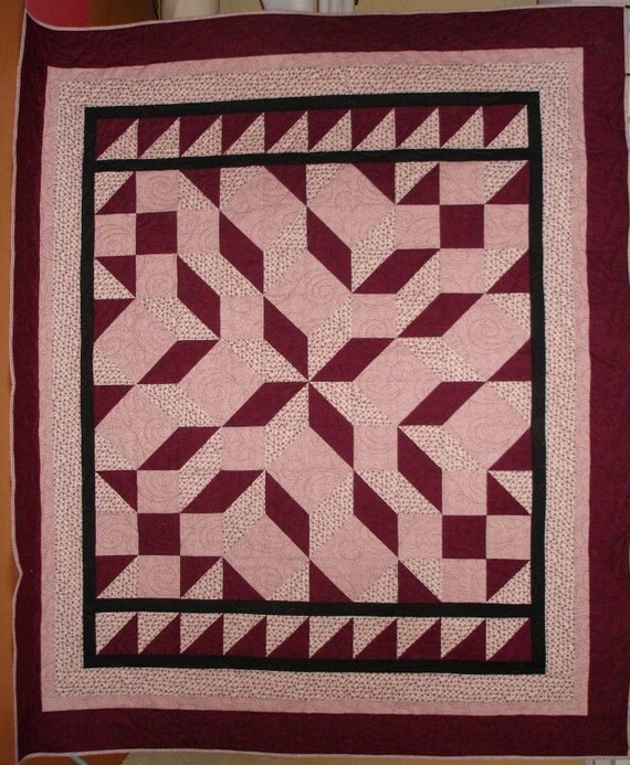 Carpenters Star quilt Queen size in shade of burgundy made by