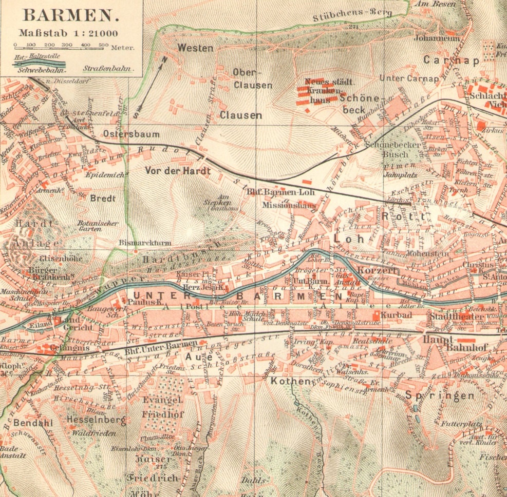 1902 Original Antique City Map of Barmen by CabinetOfTreasures