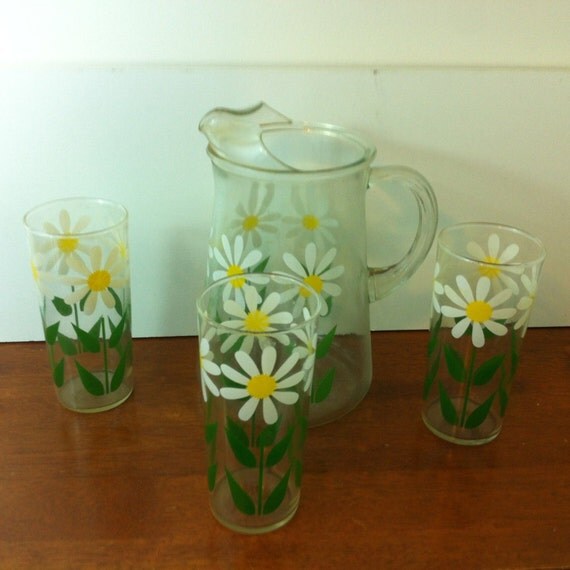 Vintage Glass Lemonade PITCHER & 3 GLASSES Set by Csmexartco