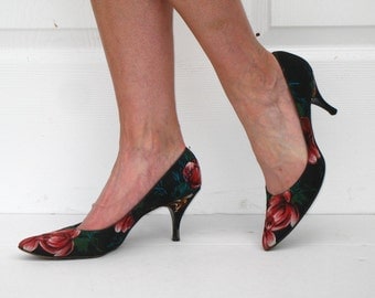 Vintage 50s Shoes * 1950s Shoes * Black Heels * 50s Heels * Stiletto Heels * Floral Heels * Rockabilly Shoes * Johansen