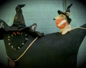 Primitive Folk Halloween Cat Mouse Witch on Broom Mousie's Glorious Ride
