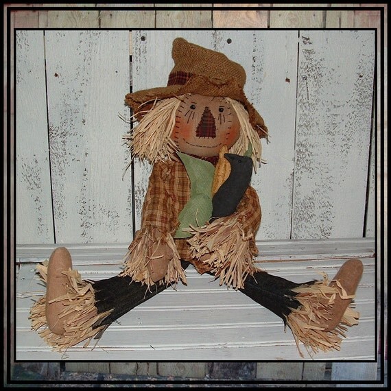 Primitive folk art scarecrow rag doll raffia hair pumpkin crow