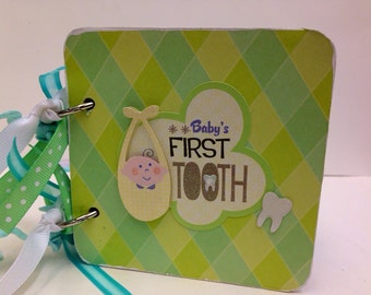 Baby's first tooth premade scrapbook chipboard coaster mini album- baby boy scrapbook 4x4