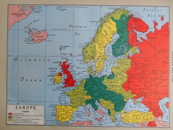 1944 War Maps. WWII Europe Map. European War Zone. Africa Map.