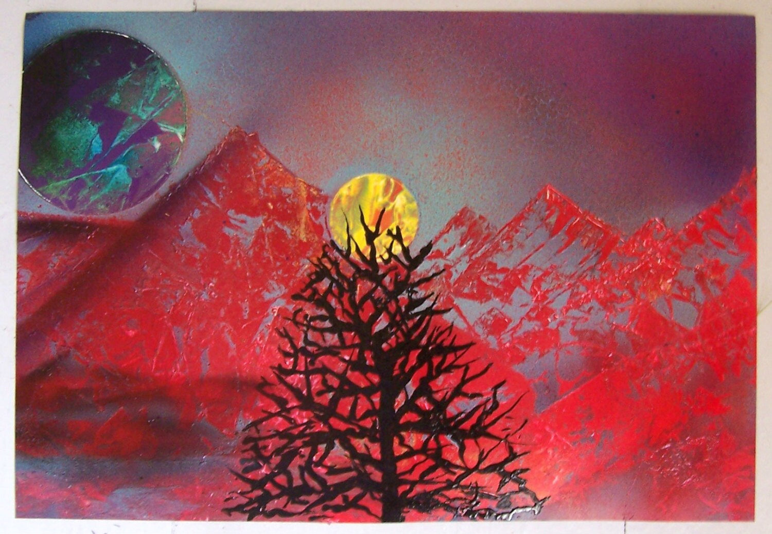 Spray Paint Art Original Landscape Tree 16 x 11
