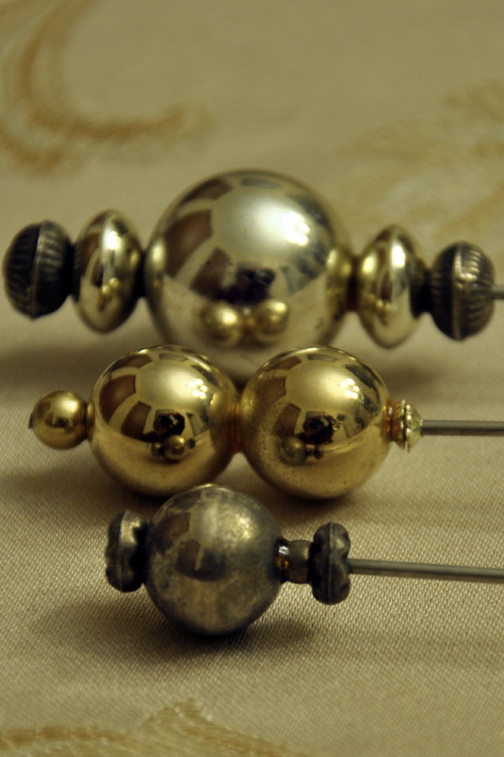Decorative Victorian Hat Pins Metal Bulbs rich patina lot of 3 Haute