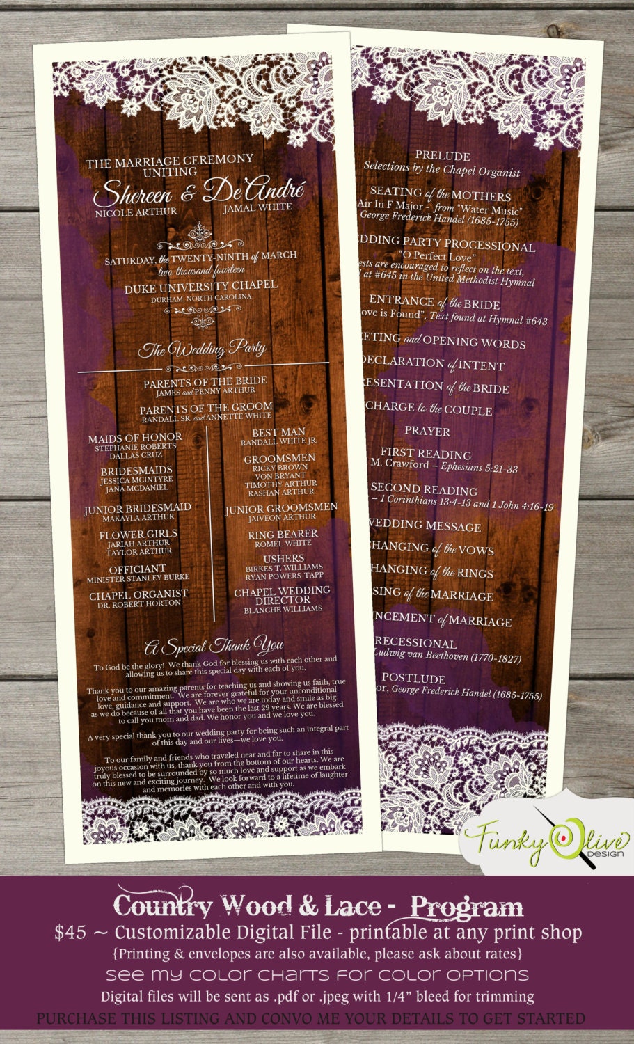 Country Wood Lace Wedding Program Bold Rustic Shabby Chic Fun