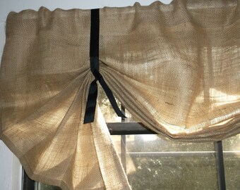 Burlap Window Valance, 24" - 108" W X 14"L , 'The LIL HEMINGWAY in BURLAP' with Choice of Ribbon Ties by Jackie Dix