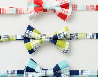 Little Boy Bow Ties - Red/Aqua, Lime/Navy, or Navy/Aqua Check - Baby Bowties