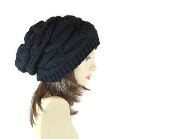 Hand Knit Hat - Black Beanie Slouchy Hat Cable Baided Accessories
