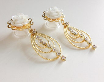 1/2" Dangle Plugs Chrystal Rhinestone Plugs 14mm 9/16" Gauges, Gold Dangle Ear Plugs 7/16" 000g Plugs Wedding Gauges 11mm, 12mm Dangly Plugs