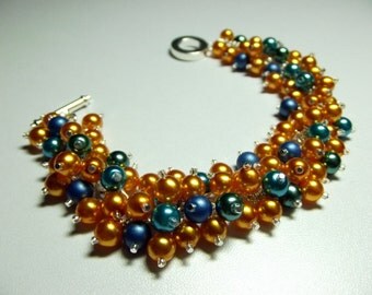 Orange Teal Blue Pearl Bracelet, Mom Sister Bridesmaid Jewelry Gift, Silver Bracelet, Mothers Gifts