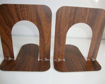 Metal Bookends, Pair of Vintage Metal Industrial Bookends, Faux Wood grain