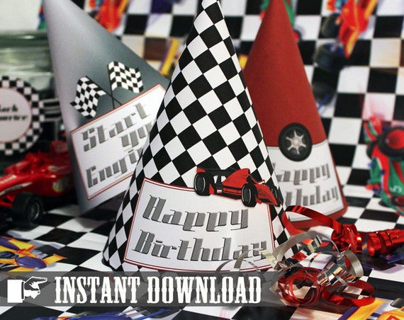 Racing Car Party Hats - INSTANT DOWNLOAD - Printable Birthday Party Decorations by Sassaby Il_570xn