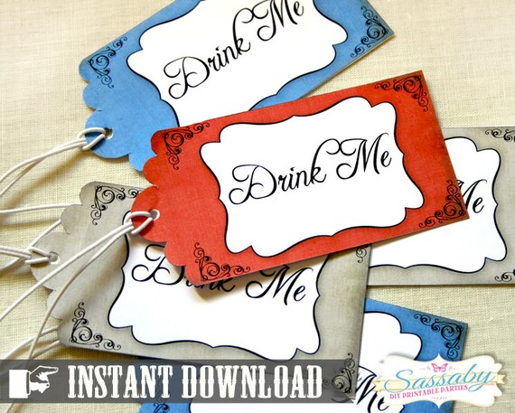 Alice in Wonderland 'Drink Me' Tags - INSTANT DOWNLOAD - Editable & Printable Birthday Party Decorations by Sassaby Il_570xn