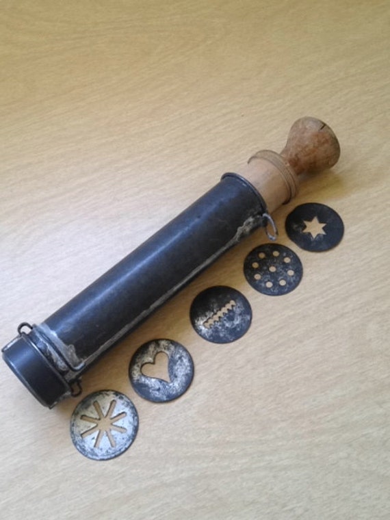 Vintage Cookie Press Tin with Wood Plunger Spritz Gun