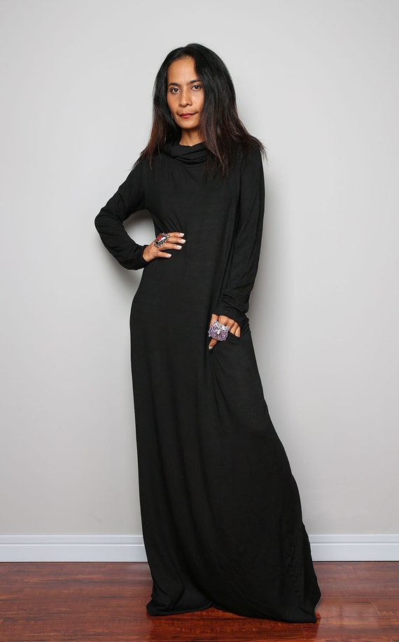Black Maxi Dress Cowl Turtle Neck Dress / Long Sleeve