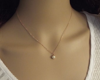 Rose Gold Pearl Necklace- Simple Dainty Single Pearl- White Pearl 14k Rose Gold Filled- Minimalist Jewelry
