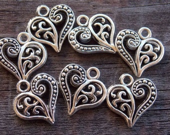20 Antiqued Silver Filigree Heart Charms 14mm