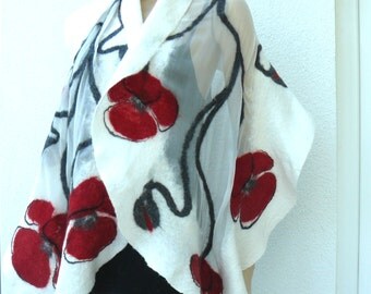 Nuno felted scarf silk and wool - White and red flowers shawl