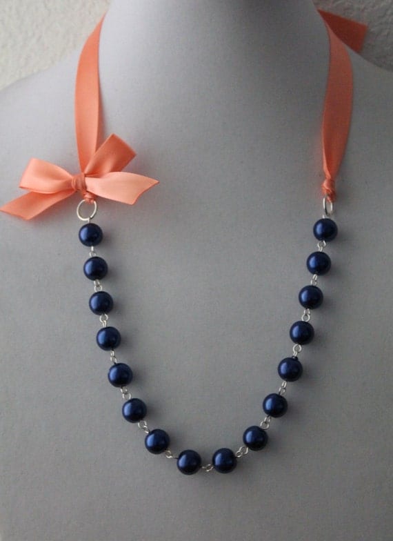 Navy Pearl and Coral Ribbon Bow Necklace
