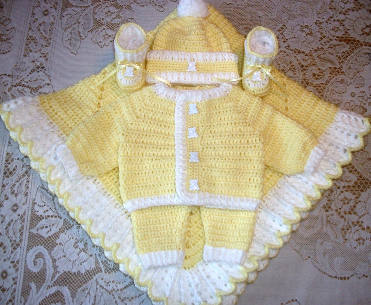 Baby Boy Yellow Crochet Layette Sweater Set Outfit Leggings