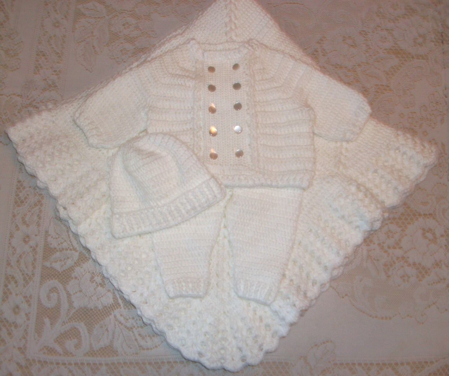 Crochet Baby Boy White Sweater w/ Leggings Cap and Blanket