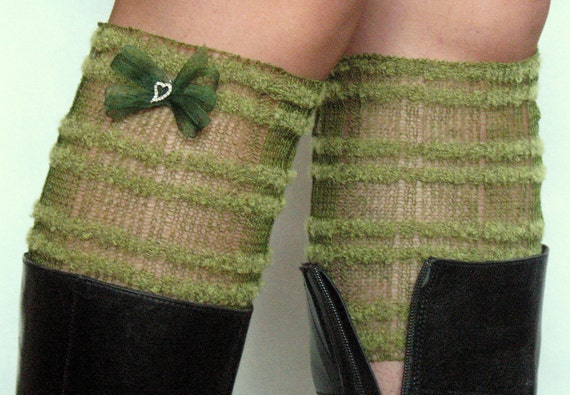 Lace Linen Boot Cuff Boot Toppers Leg Warmers Striped Green Boot Socks Knit Legwarmers Cable Knitted