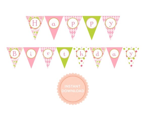 INSTANT DOWNLOAD BANNER, Birthday Banner- Pink Paisley, Printable Il_570xn