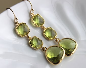 Apple Green Peridot Earrings Gold Three Tiered Jewelry - Peridot Bridesmaid Earrings - Green Wedding Earrings - Peridot Wedding Jewelry