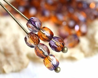 4mm Amber Topaz Purple Czech glass beads, 50pc round coated fire polished faceted spacers - 50Pc - 1671