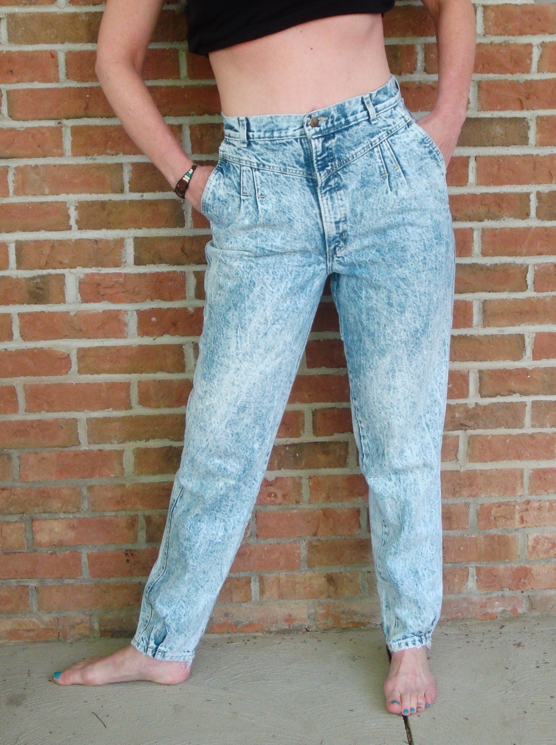 Acid Wash Baggy Jeans 80s High Rise Womens Jeans Tapered