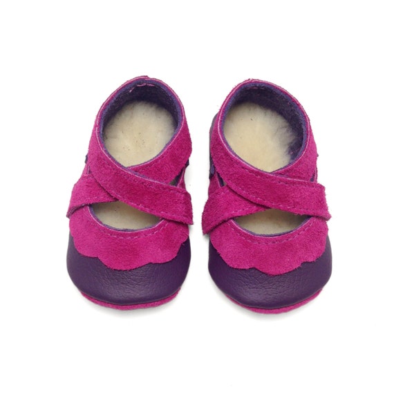 lambswool lined pink and purple soft soles leather baby girl