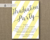 Yellow & Gray Graduation Party Invitation Pale Canary Stripes College Ceremony Graduate Script Modern Printable Digital or Printed - Stella Il_170x135