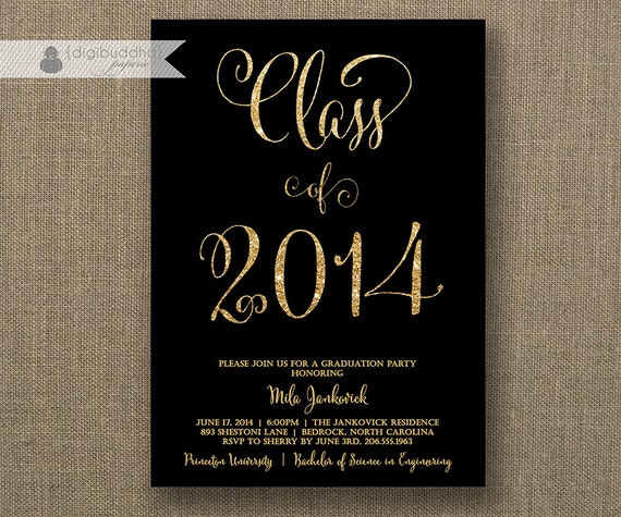 Gold and Black Graduation Party Invitation Gold Glitter