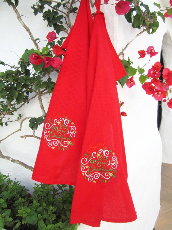 Items similar to Set of 2 Embroidered Christmas Kitchen Towels Red