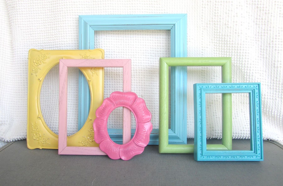 Bright Painted Picture Frames Set of 6 with GLASS Aqua Yellow