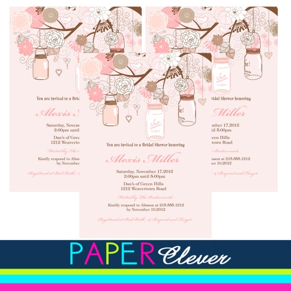 Bridal Shower Invitation, pink, shabby chic mason jars- digital file, printed file Il_570xn