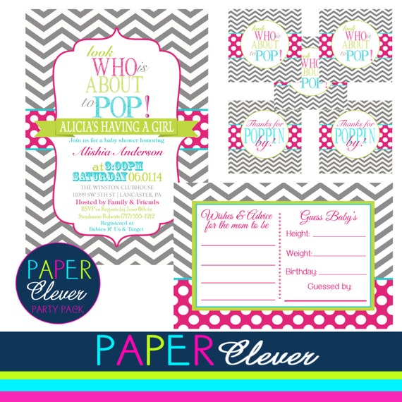 Girls Baby shower invitation party kit, about to pop- digital file, printable #705 Il_570xn