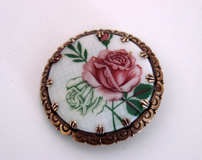 Antique Hand Painted Floral Rose Brooch on Porcelain or Glass / Vintage Jewelry / Jewelry / Jewellery