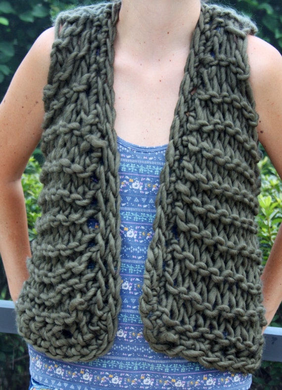 Hand Knit Designer Vest Super Bulky Yarn in Olive by bpenatzer