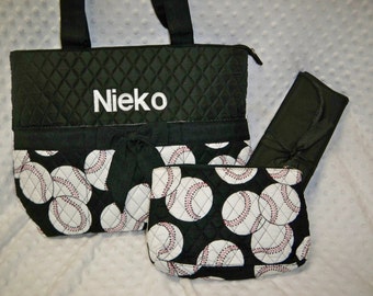 PERSONALIZED 3 Piece Diaper Bag Set with Name - Baby Boy or Girl Black White Baseball Personalized Diaper Bag, Zipper Pouch, Changing Pad