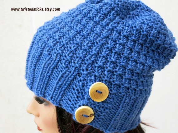Hand Knit Winter Souch Hat Blue Slouch Hat 