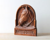 Vintage horse card holder / rustic home decor / warm brown / equestrian gift idea / rustic retro office decor / Syroco wood / mid century