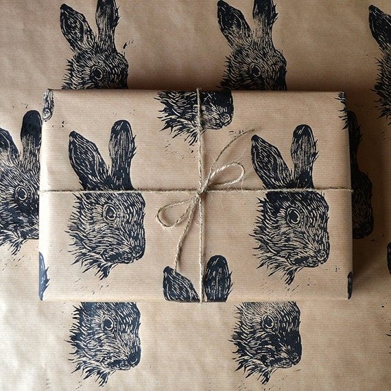 Rabbit Hare Hand Printed Wrapping Paper - Three Sheets