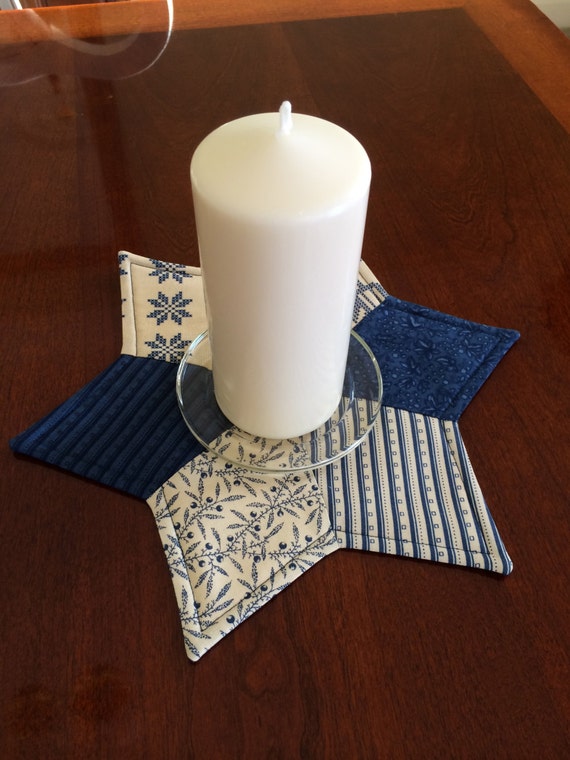 Blue and White Quilted Star Candle Mat for Christmas New