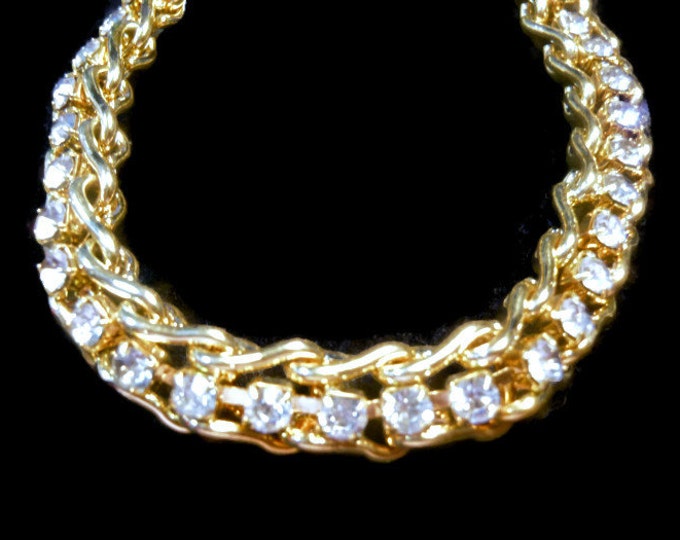 FREE SHIPPING Rhinestone tennis bracelet, clear prong set rhinestone tennis ladder link bracelet, gold tone, 1980s vintage