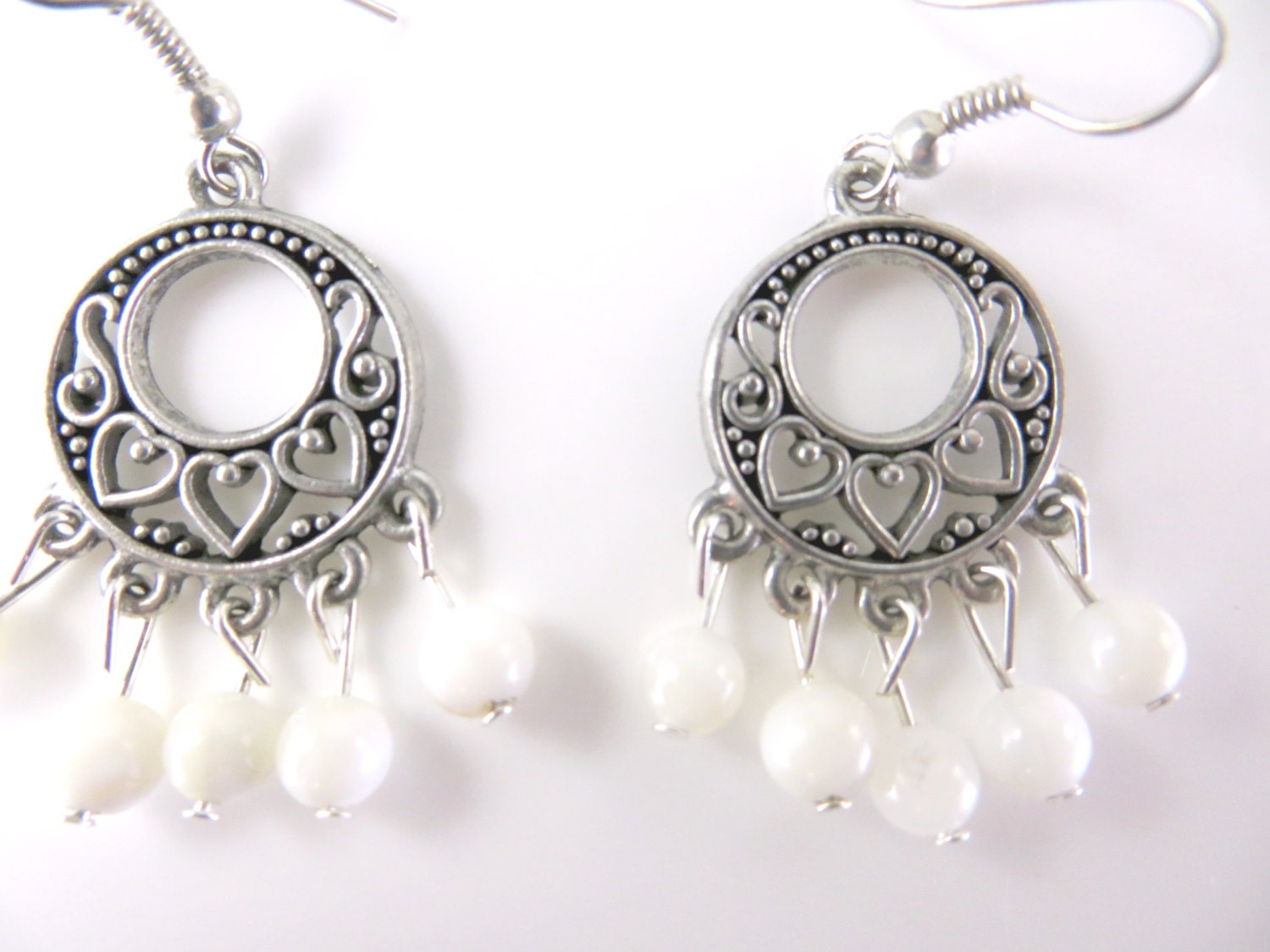 White beaded earrings by jewelryandmorebykat on Etsy